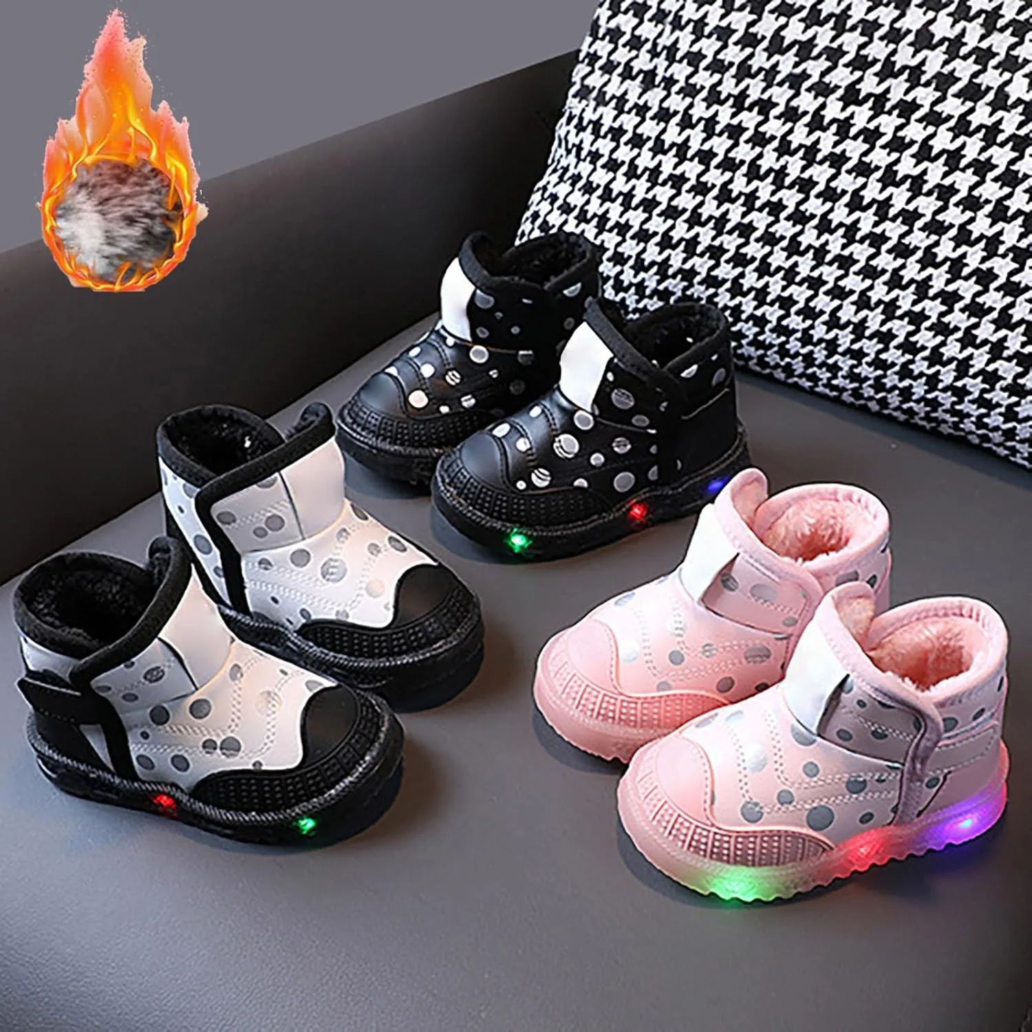 Infant Boys Girls Thicken High Top Luminous Sneakers Fleece Plush Soft Lightweight Glowing Trainer Light Up Shoes