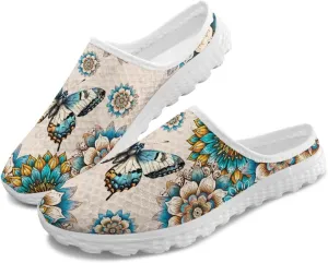 Jeiento Womens Butterfly Pattern Mules Shoes Breathable Mesh Walking Sneaker Comfort Flats House Slippers for Work,Travel