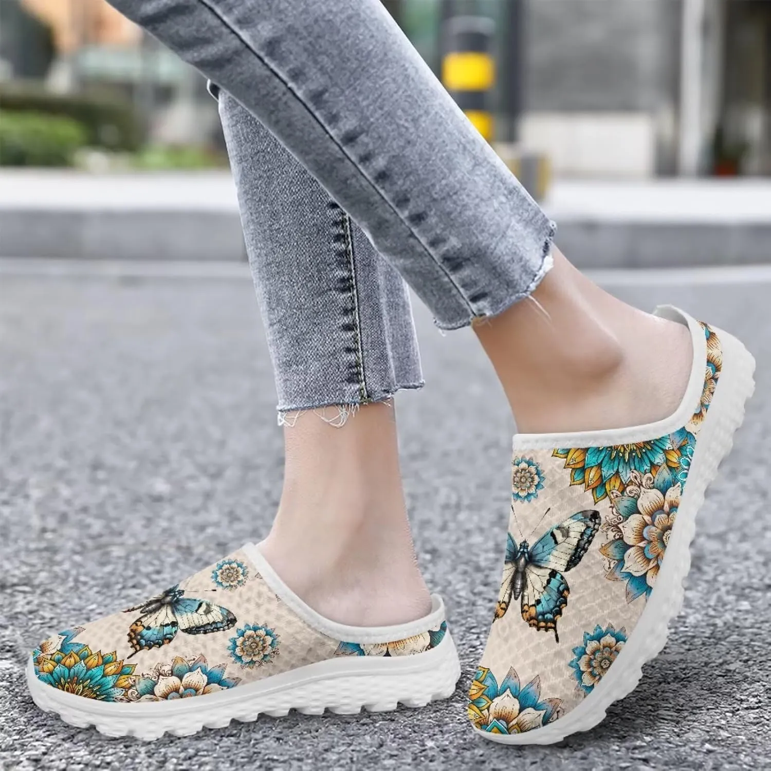 Jeiento Womens Butterfly Pattern Mules Shoes Breathable Mesh Walking Sneaker Comfort Flats House Slippers for Work,Travel