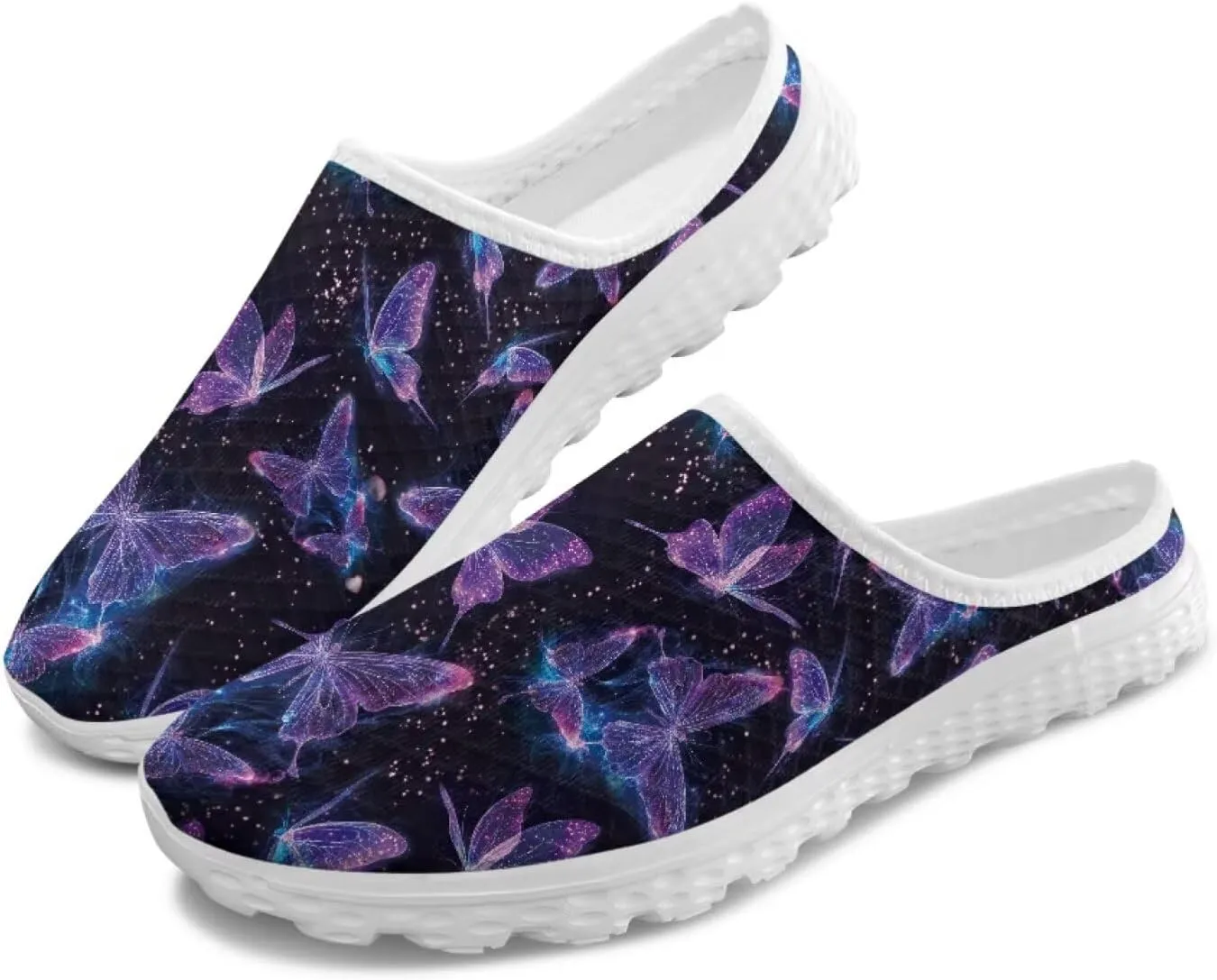 Jeiento Womens Butterfly Pattern Mules Shoes Breathable Mesh Walking Sneaker Comfort Flats House Slippers for Work,Travel