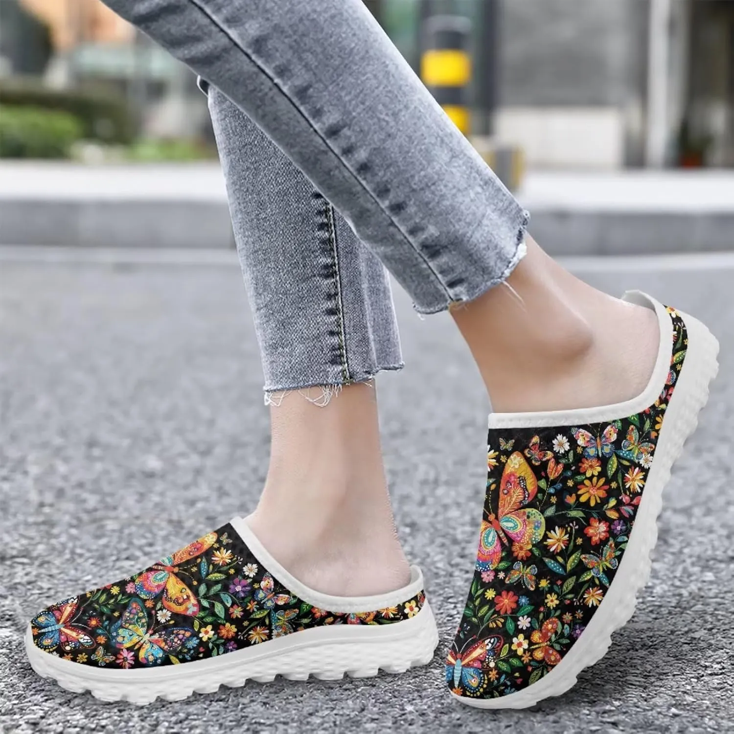 Jeiento Womens Butterfly Pattern Mules Shoes Breathable Mesh Walking Sneaker Comfort Flats House Slippers for Work,Travel
