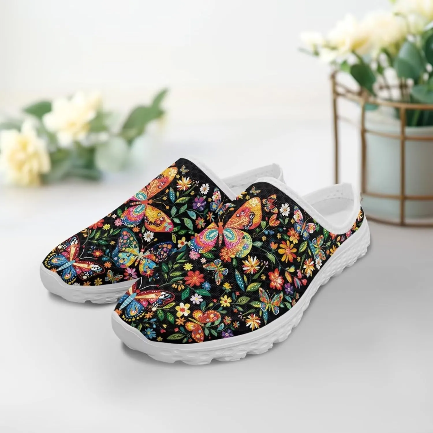 Jeiento Womens Butterfly Pattern Mules Shoes Breathable Mesh Walking Sneaker Comfort Flats House Slippers for Work,Travel