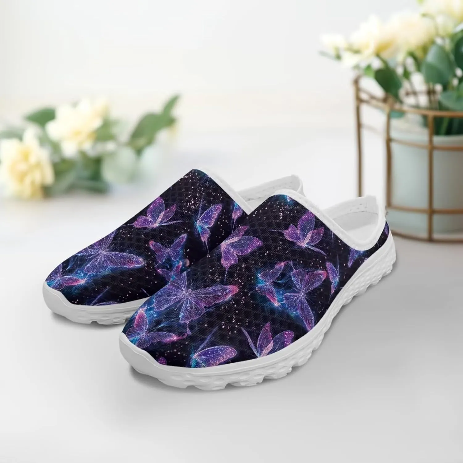 Jeiento Womens Butterfly Pattern Mules Shoes Breathable Mesh Walking Sneaker Comfort Flats House Slippers for Work,Travel