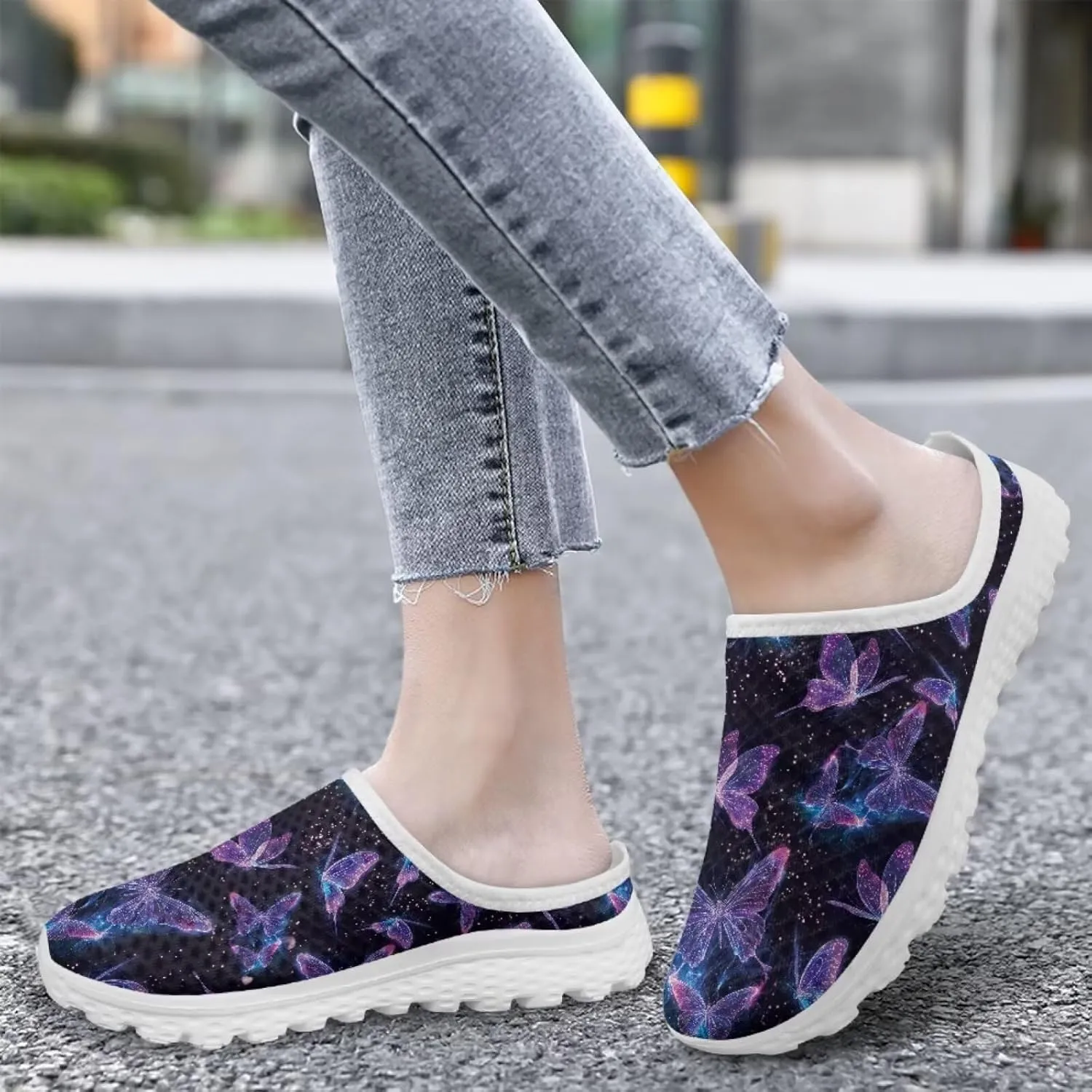 Jeiento Womens Butterfly Pattern Mules Shoes Breathable Mesh Walking Sneaker Comfort Flats House Slippers for Work,Travel