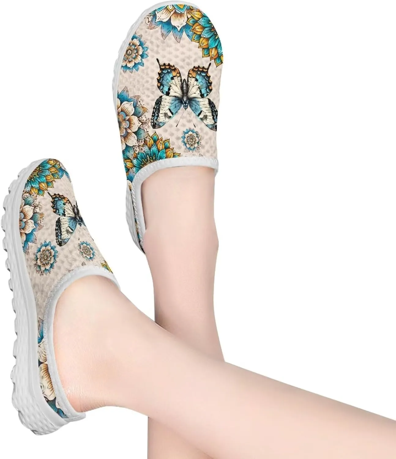 Jeiento Womens Butterfly Pattern Mules Shoes Breathable Mesh Walking Sneaker Comfort Flats House Slippers for Work,Travel