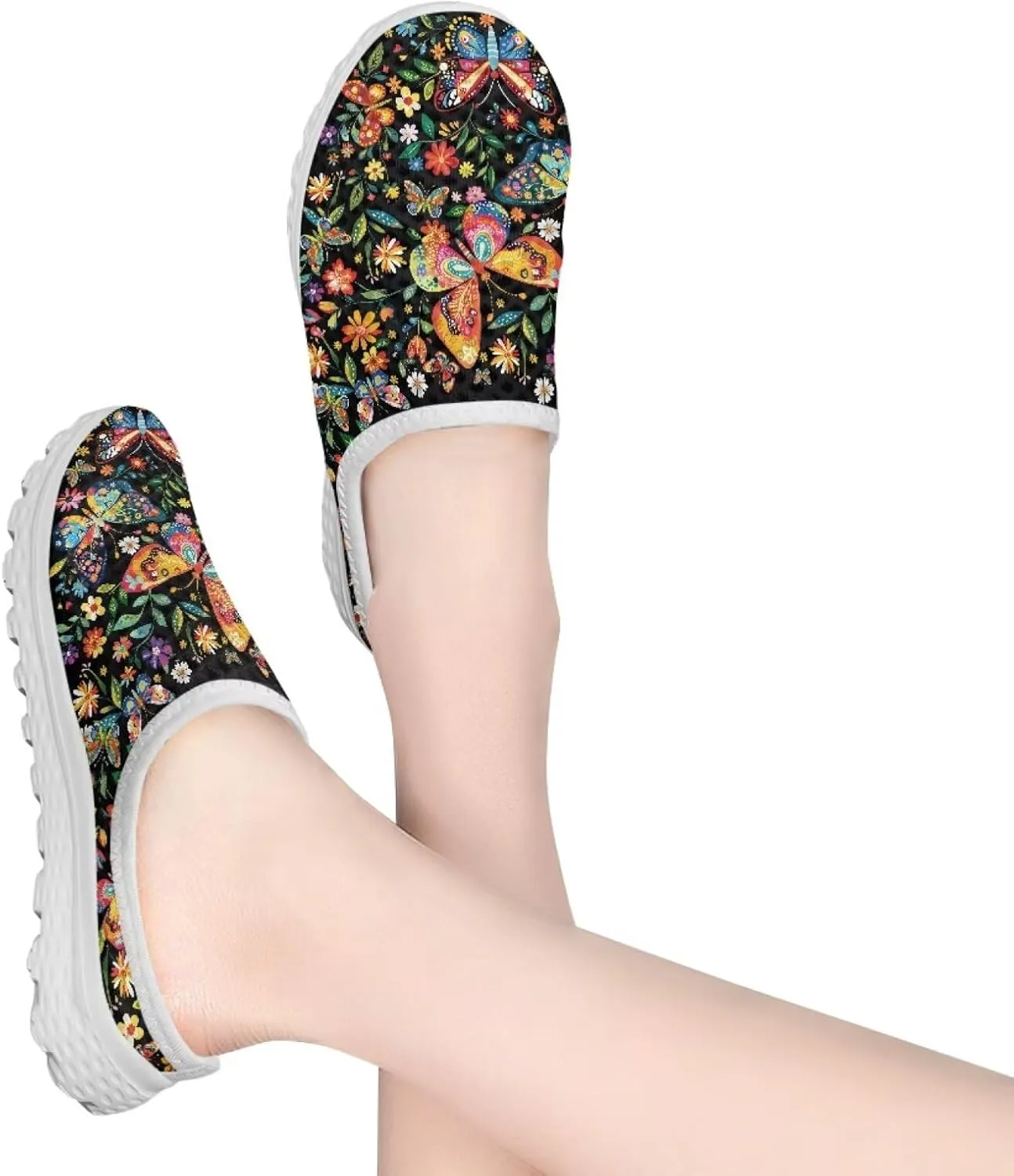 Jeiento Womens Butterfly Pattern Mules Shoes Breathable Mesh Walking Sneaker Comfort Flats House Slippers for Work,Travel