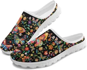 Jeiento Womens Butterfly Pattern Mules Shoes Breathable Mesh Walking Sneaker Comfort Flats House Slippers for Work,Travel