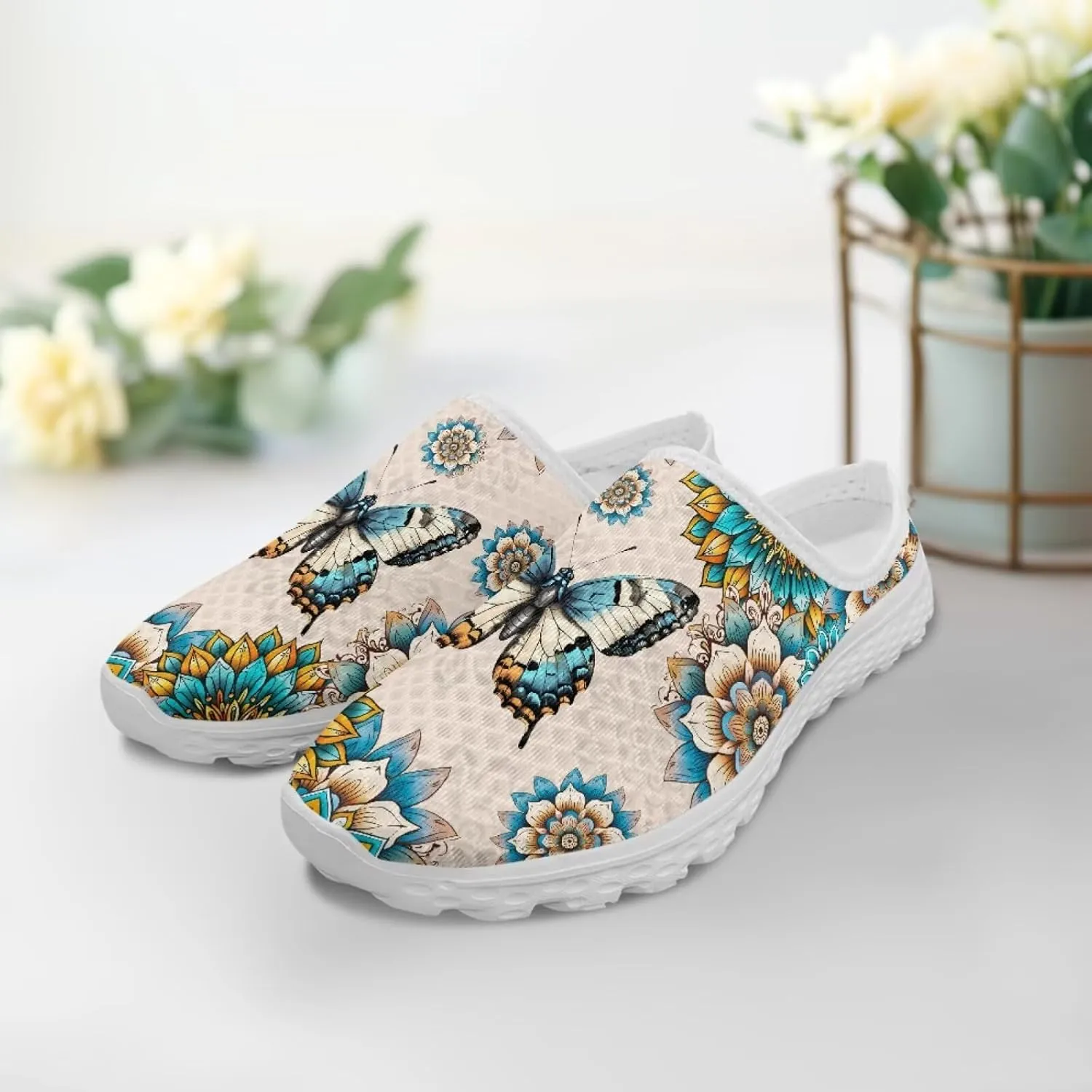 Jeiento Womens Butterfly Pattern Mules Shoes Breathable Mesh Walking Sneaker Comfort Flats House Slippers for Work,Travel