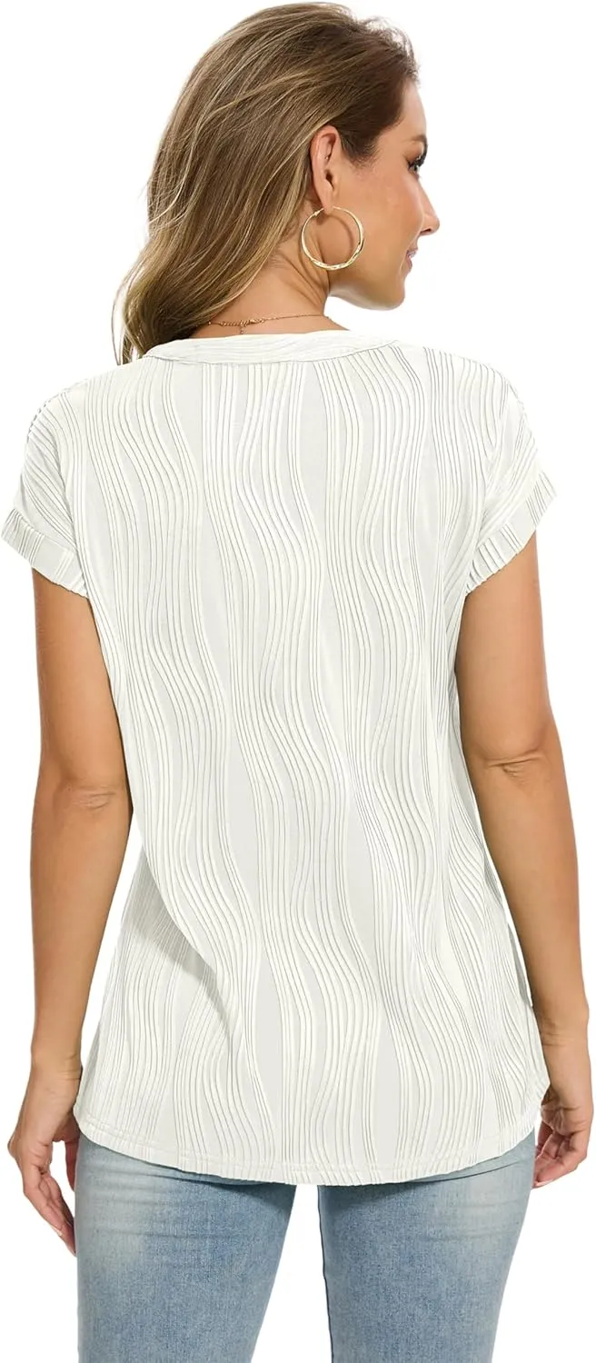 Jouica Women's Short Sleeve Dressy Tops V-Neck Textured Tops Cute Summer Tops 2025 Basic T-Shirts Work Blouses