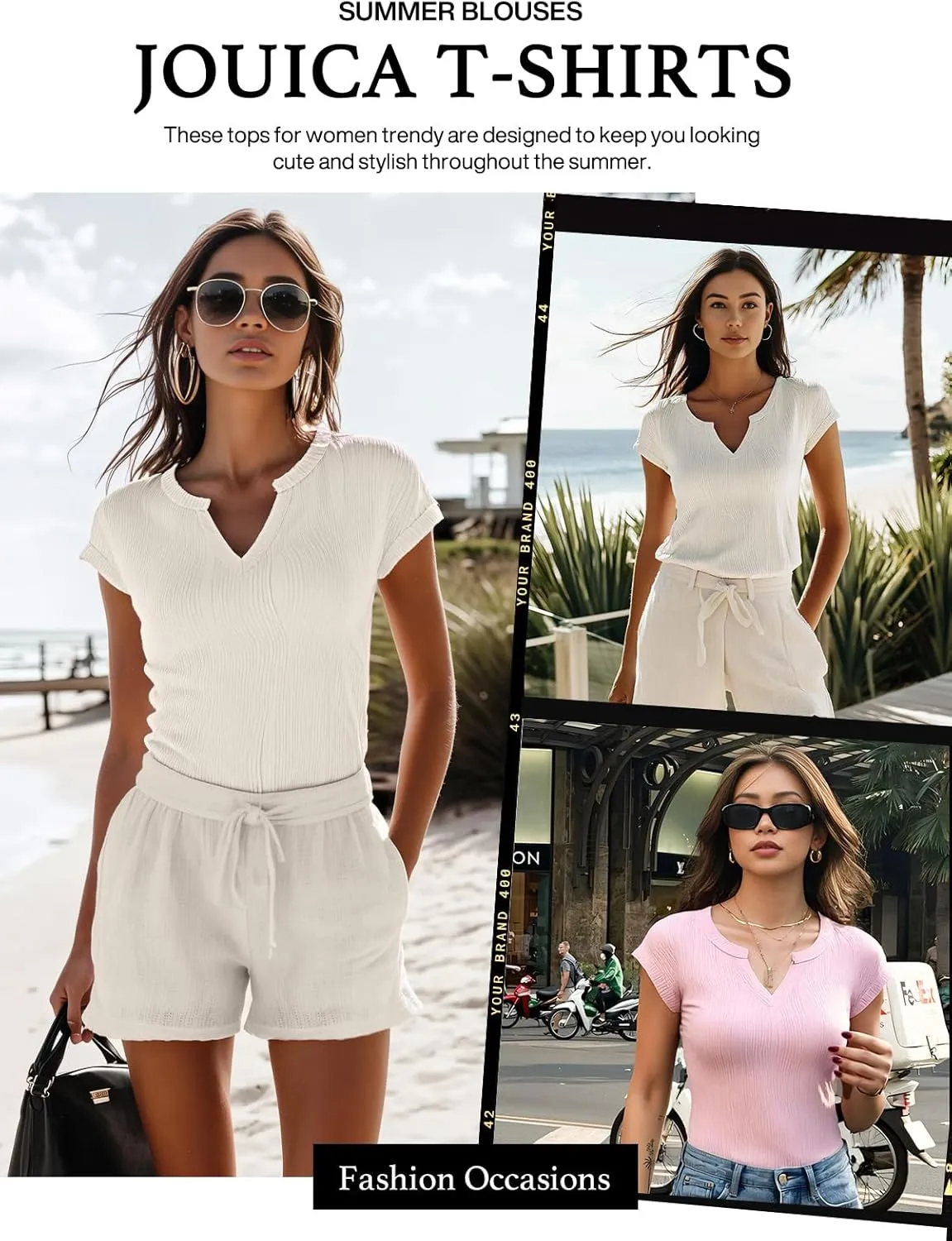Jouica Women's Short Sleeve Dressy Tops V-Neck Textured Tops Cute Summer Tops 2025 Basic T-Shirts Work Blouses