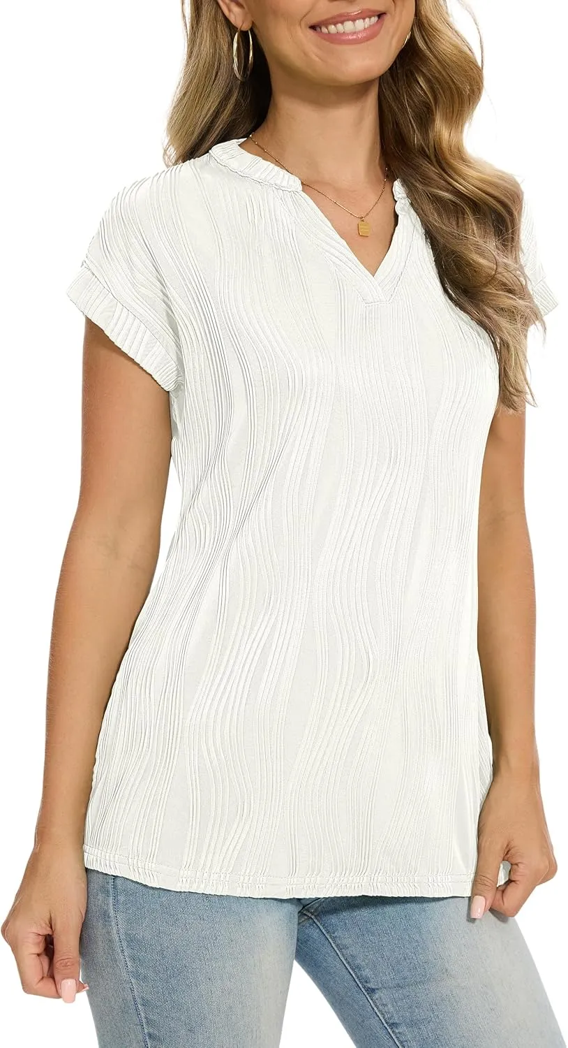 Jouica Women's Short Sleeve Dressy Tops V-Neck Textured Tops Cute Summer Tops 2025 Basic T-Shirts Work Blouses