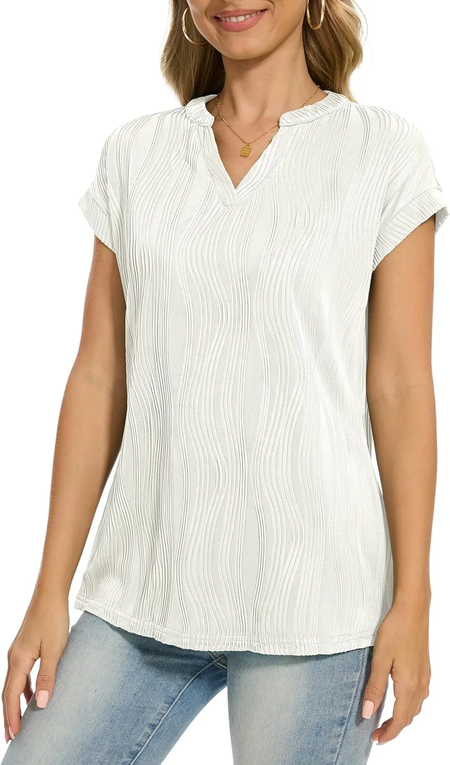 Jouica Women's Short Sleeve Dressy Tops V-Neck Textured Tops Cute Summer Tops 2025 Basic T-Shirts Work Blouses