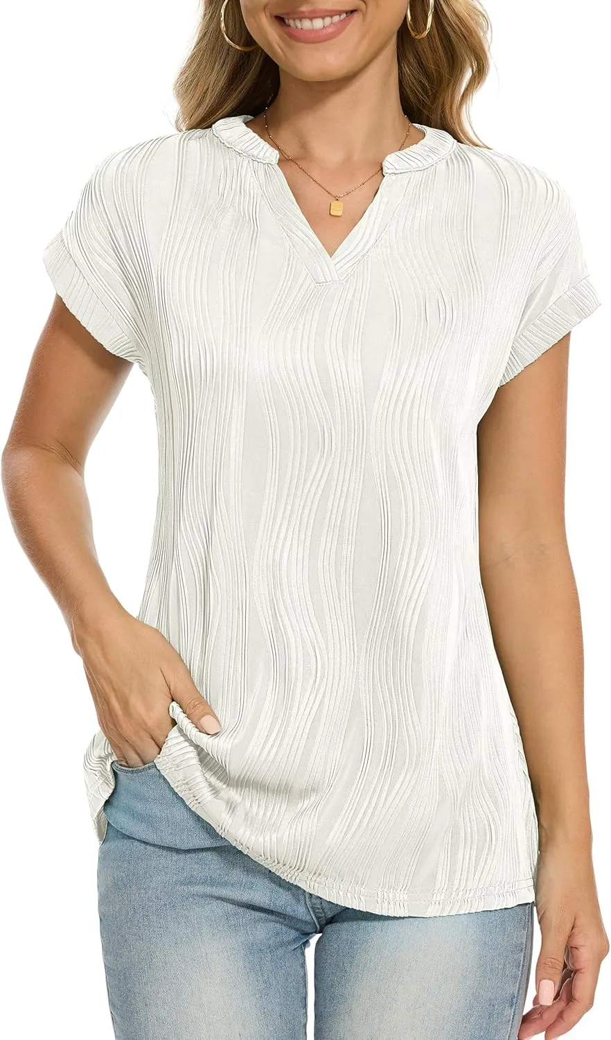 Jouica Women's Short Sleeve Dressy Tops V-Neck Textured Tops Cute Summer Tops 2025 Basic T-Shirts Work Blouses