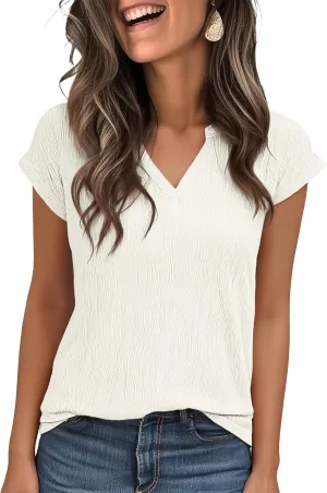 Jouica Women's Short Sleeve Dressy Tops V-Neck Textured Tops Cute Summer Tops 2025 Basic T-Shirts Work Blouses