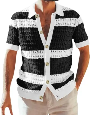 Knitted Button Down Shirt for Men Hollow Out Short Sleeve Lapel Collar Vintage Polo Shirts Summer Casual Beach Tops
