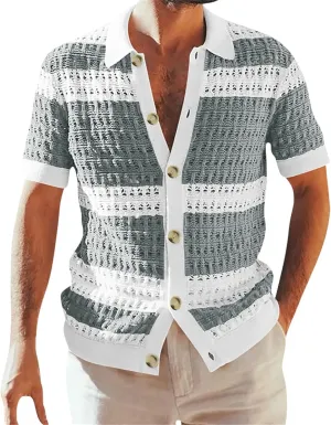 Knitted Button Down Shirt for Men Hollow Out Short Sleeve Lapel Collar Vintage Polo Shirts Summer Casual Beach Tops