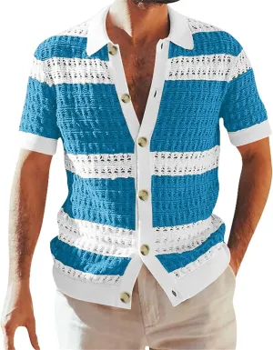 Knitted Button Down Shirt for Men Hollow Out Short Sleeve Lapel Collar Vintage Polo Shirts Summer Casual Beach Tops