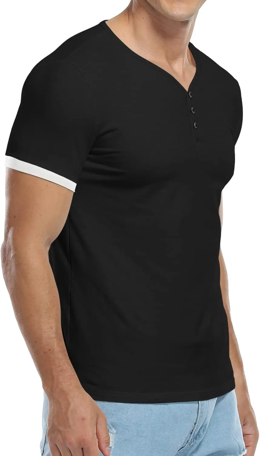 KUYIGO Men's Henley Shirts Short Long Sleeve Casual Summer Slim Fit Cotton Shirt