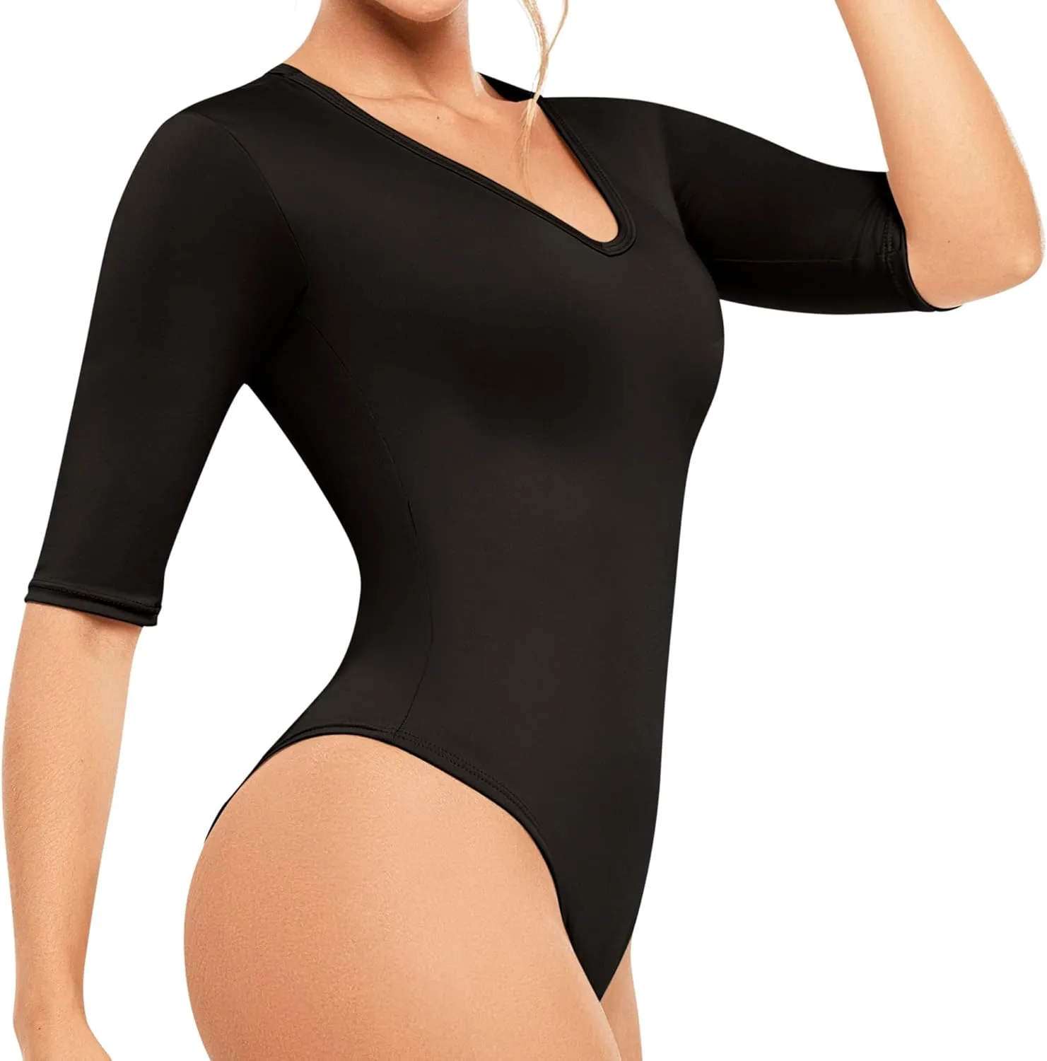 LadySlim Women’s V-Neck Half-Sleeve Bodysuit – Stretchy, Slim Fit, and Elegant Design