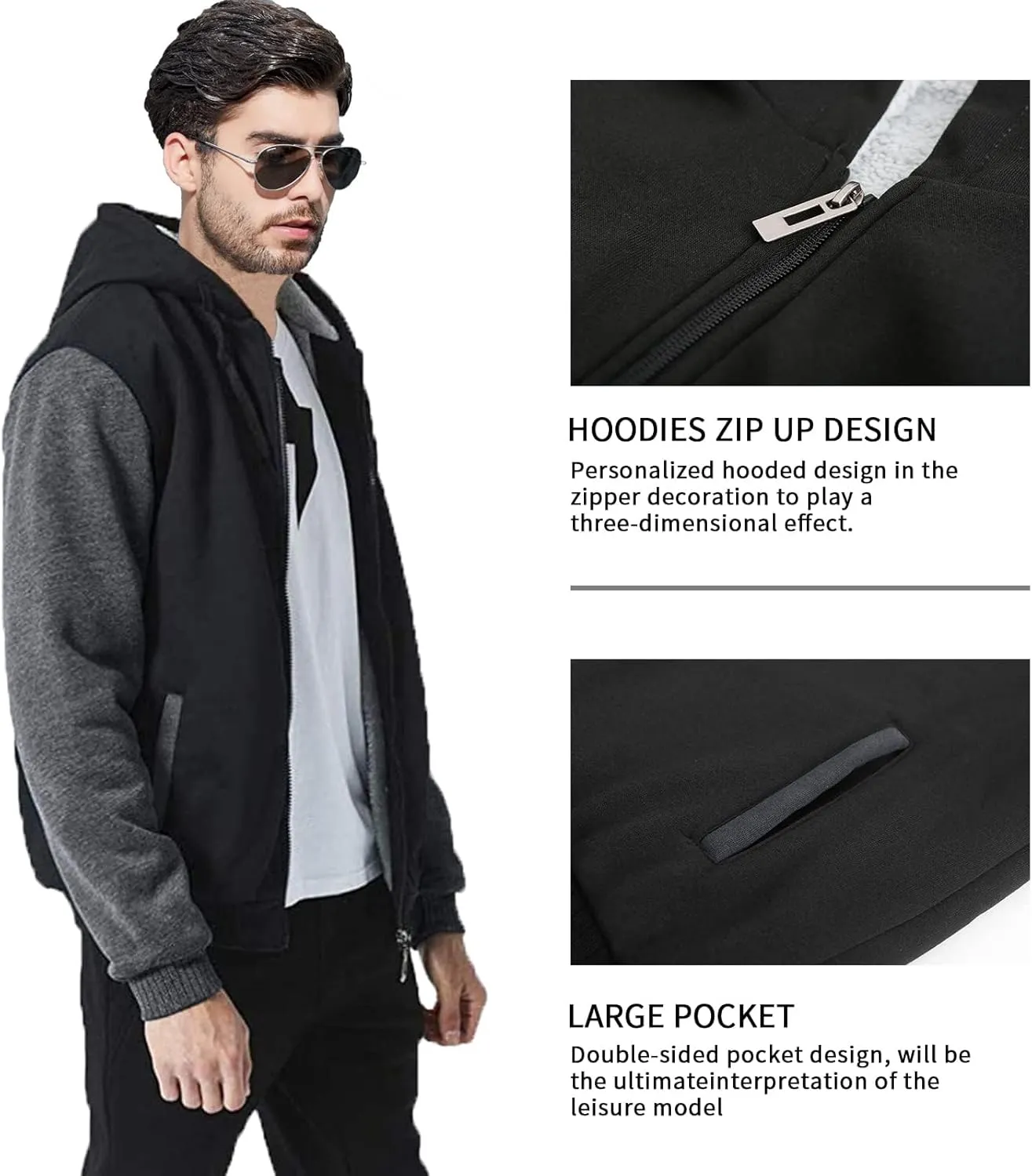 Little Beauty Hoodies for Men Zipper Jacket Fleece Sherpa Lined Winter Wool Heavyweight Sweashirts