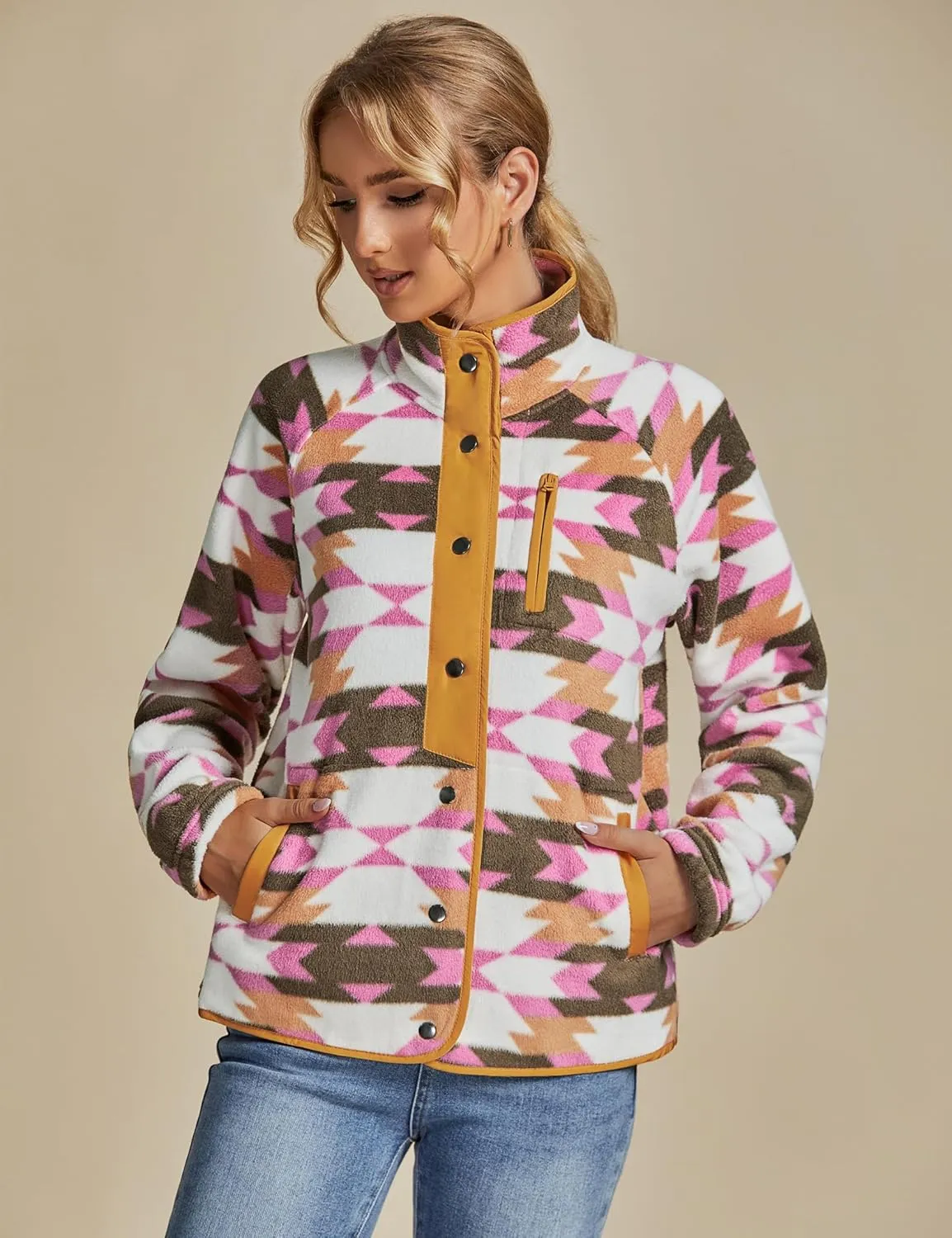 luvamia Fleece Jacket Women Winter Western Aztec Print Fall Button Down Shacket Lightweight Coat with Pockets