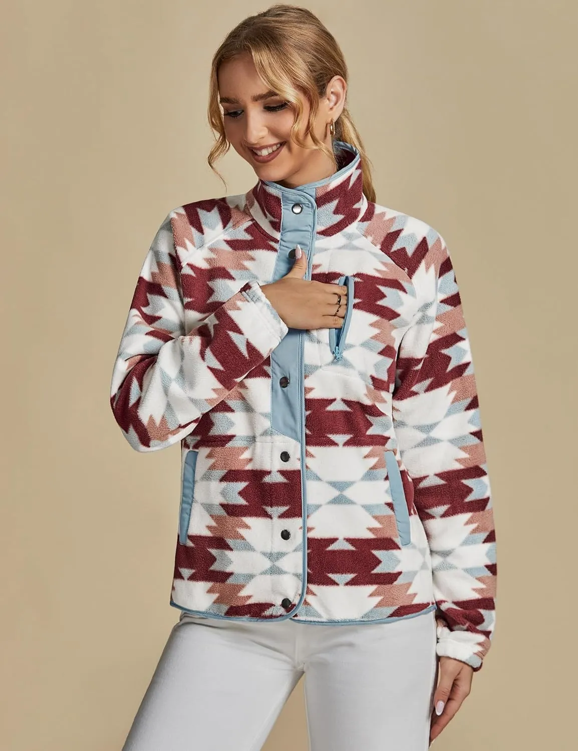luvamia Fleece Jacket Women Winter Western Aztec Print Fall Button Down Shacket Lightweight Coat with Pockets