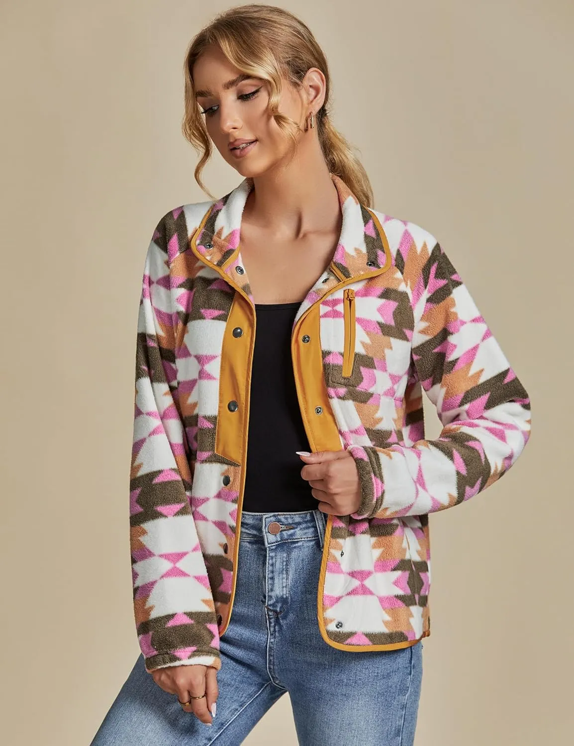 luvamia Fleece Jacket Women Winter Western Aztec Print Fall Button Down Shacket Lightweight Coat with Pockets