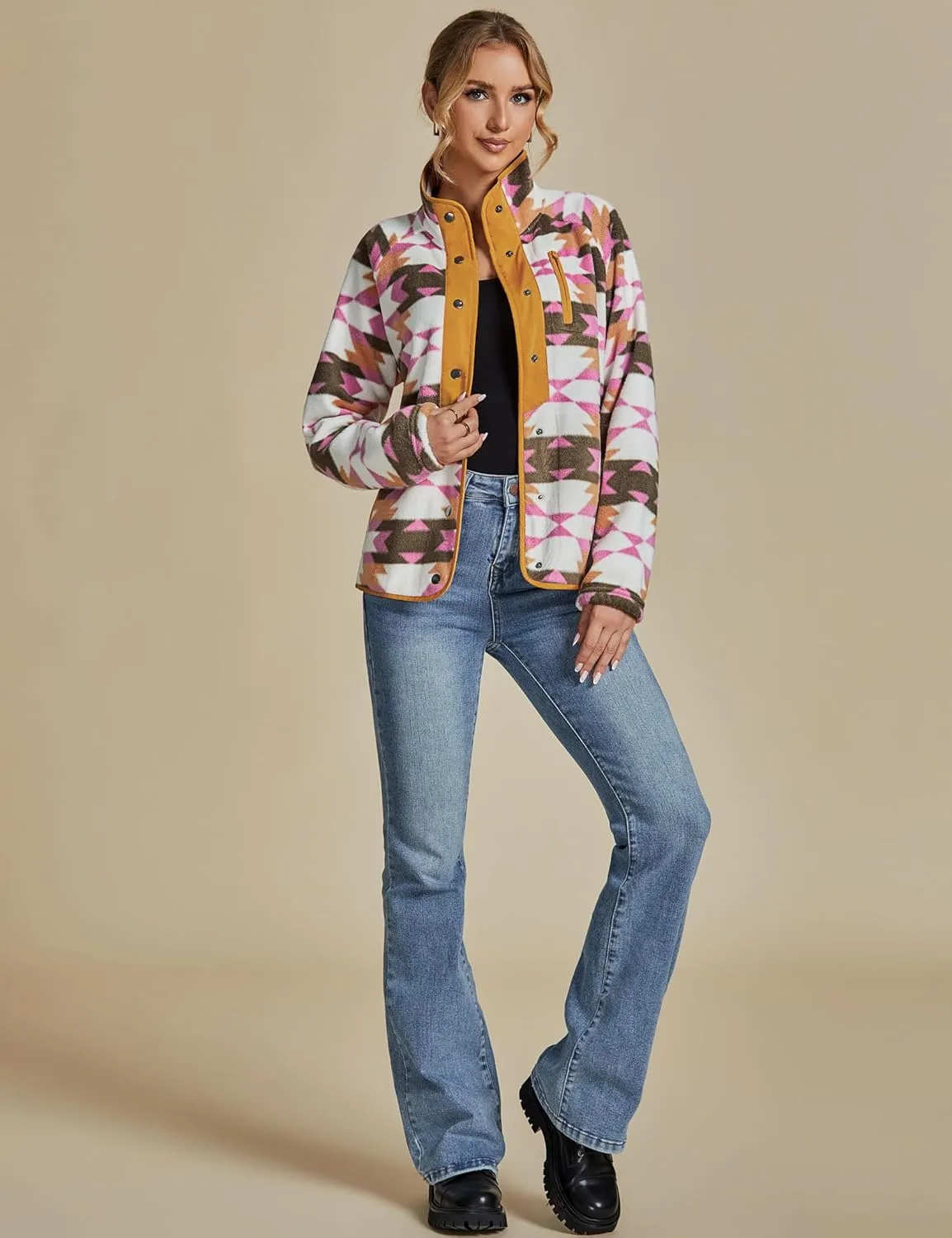 luvamia Fleece Jacket Women Winter Western Aztec Print Fall Button Down Shacket Lightweight Coat with Pockets