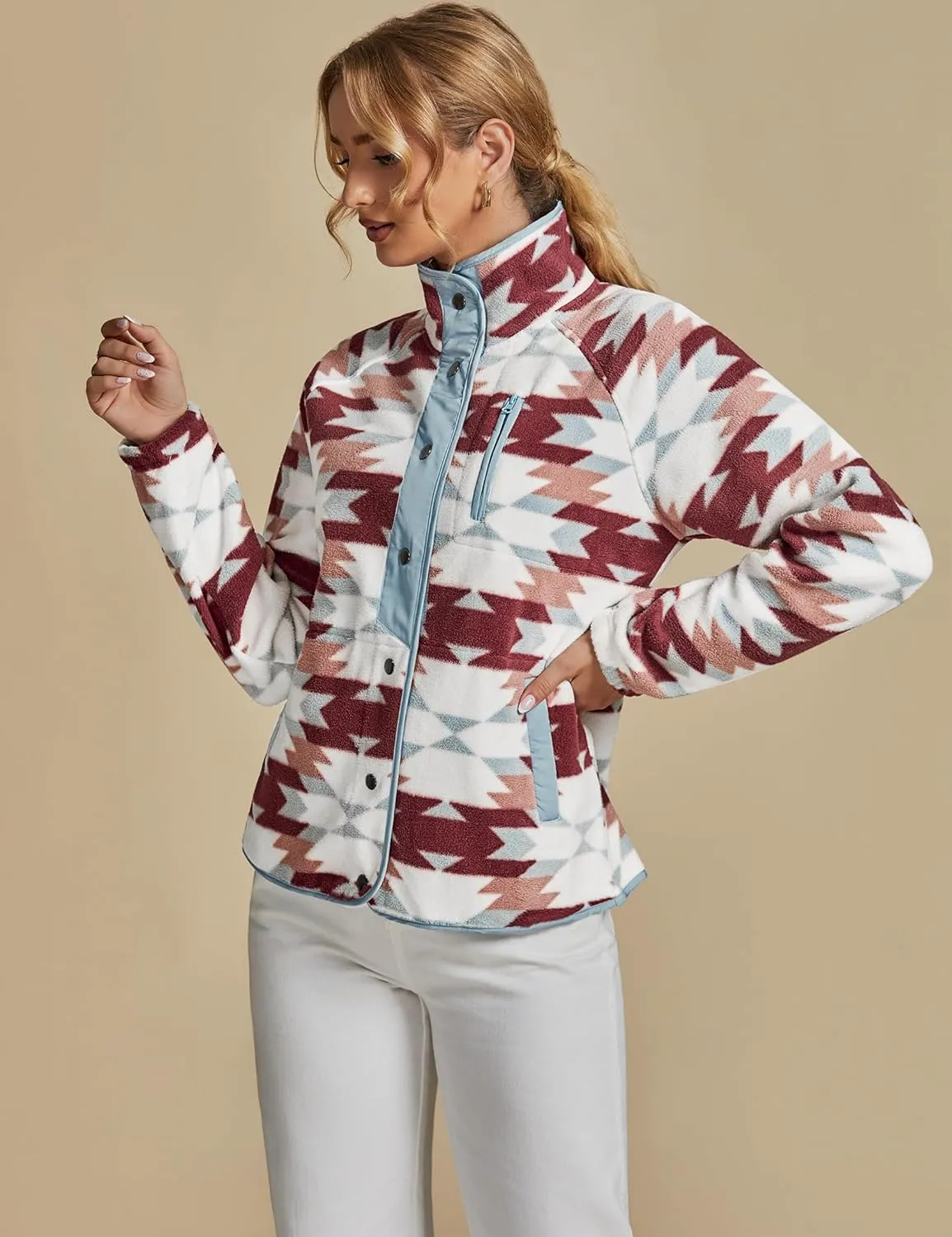 luvamia Fleece Jacket Women Winter Western Aztec Print Fall Button Down Shacket Lightweight Coat with Pockets