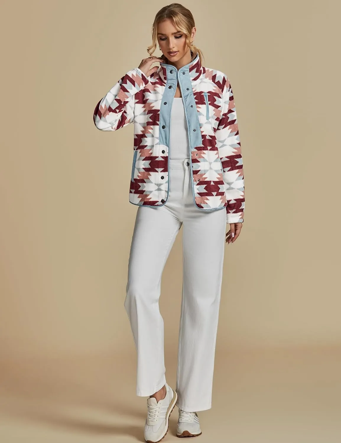 luvamia Fleece Jacket Women Winter Western Aztec Print Fall Button Down Shacket Lightweight Coat with Pockets