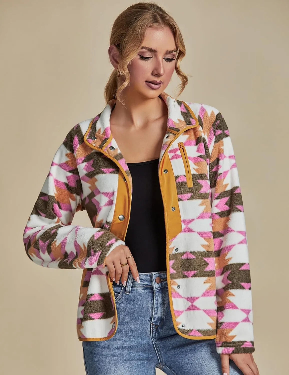 luvamia Fleece Jacket Women Winter Western Aztec Print Fall Button Down Shacket Lightweight Coat with Pockets