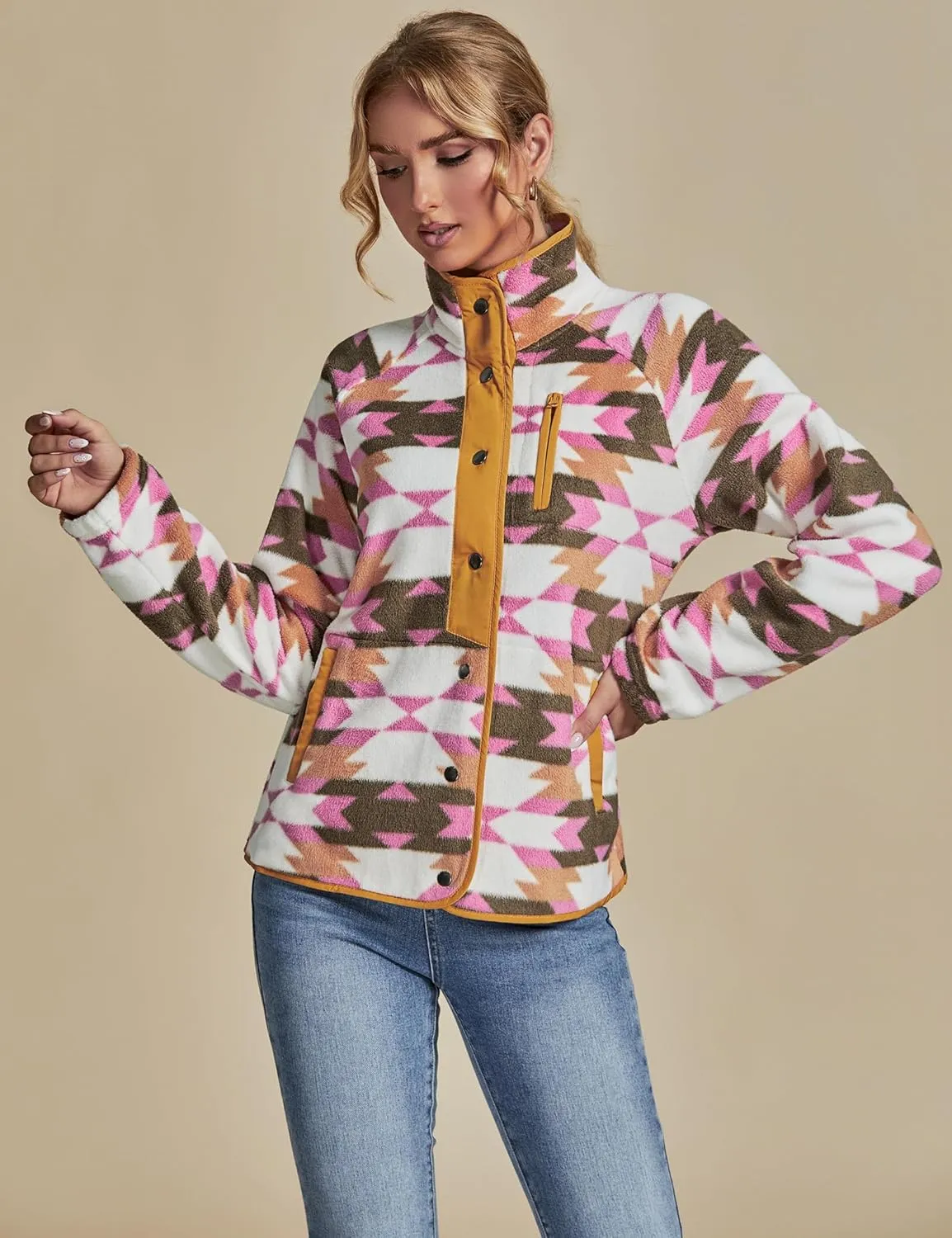 luvamia Fleece Jacket Women Winter Western Aztec Print Fall Button Down Shacket Lightweight Coat with Pockets
