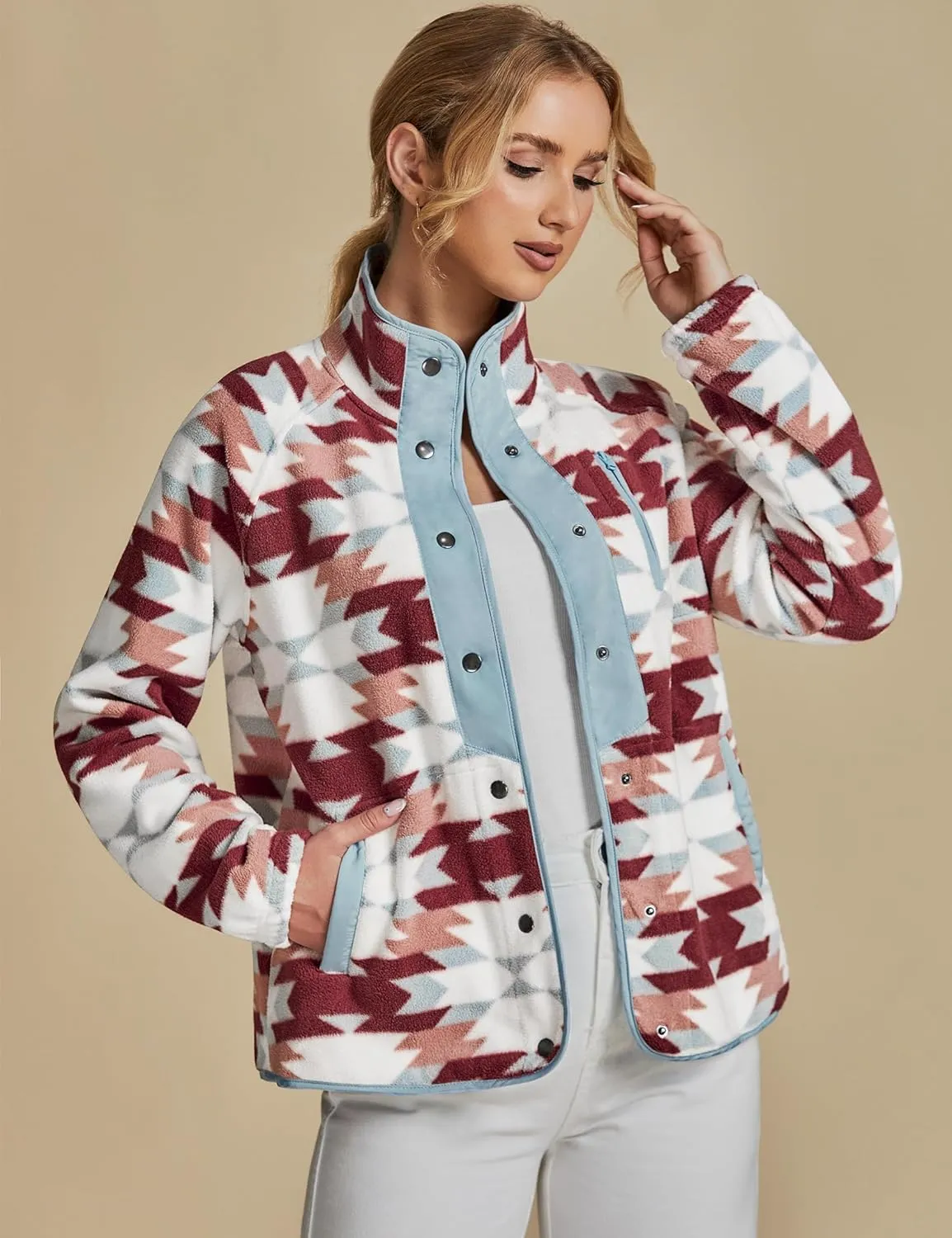 luvamia Fleece Jacket Women Winter Western Aztec Print Fall Button Down Shacket Lightweight Coat with Pockets