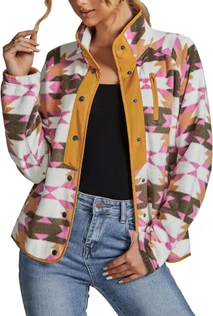 luvamia Fleece Jacket Women Winter Western Aztec Print Fall Button Down Shacket Lightweight Coat with Pockets