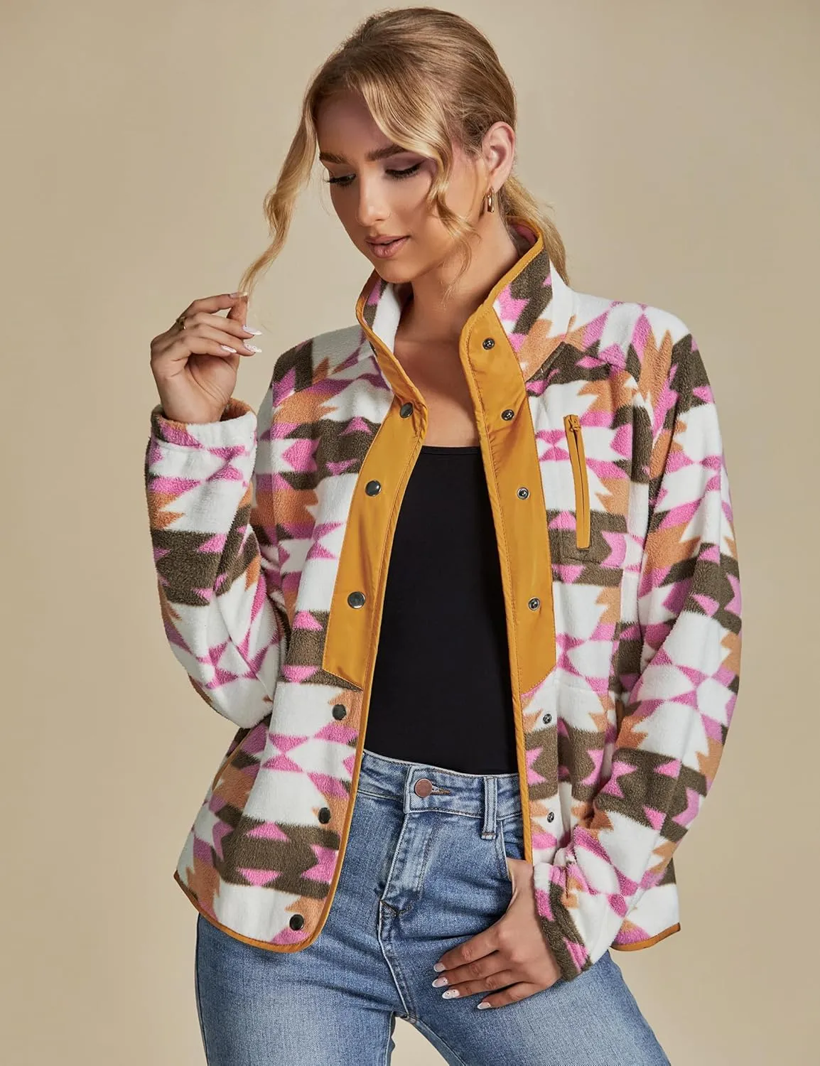luvamia Fleece Jacket Women Winter Western Aztec Print Fall Button Down Shacket Lightweight Coat with Pockets