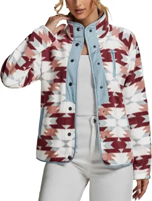 luvamia Fleece Jacket Women Winter Western Aztec Print Fall Button Down Shacket Lightweight Coat with Pockets
