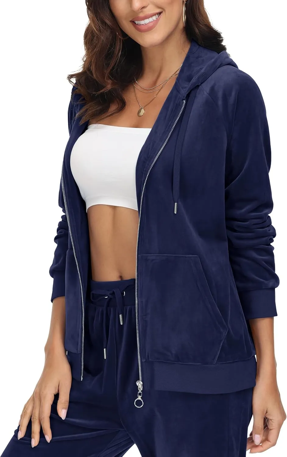 MAGCOMSEN Women's Velour Hooded Jacket Long Sleeve Full Zip Outerwear Soft Warm Velvet Jacket with Side Pockets