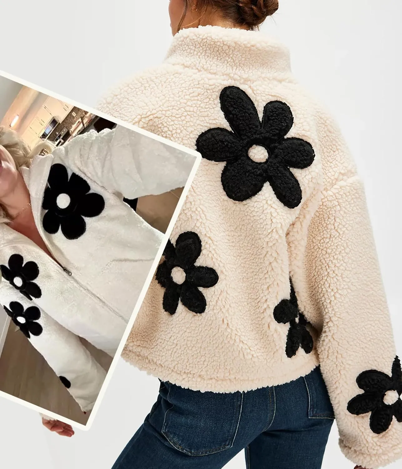 Maixang Womens Floral Print Sherpa Fleece Jackets Winter Zipper Cropped Coat Casual Long Sleeve Outwear with Pockets