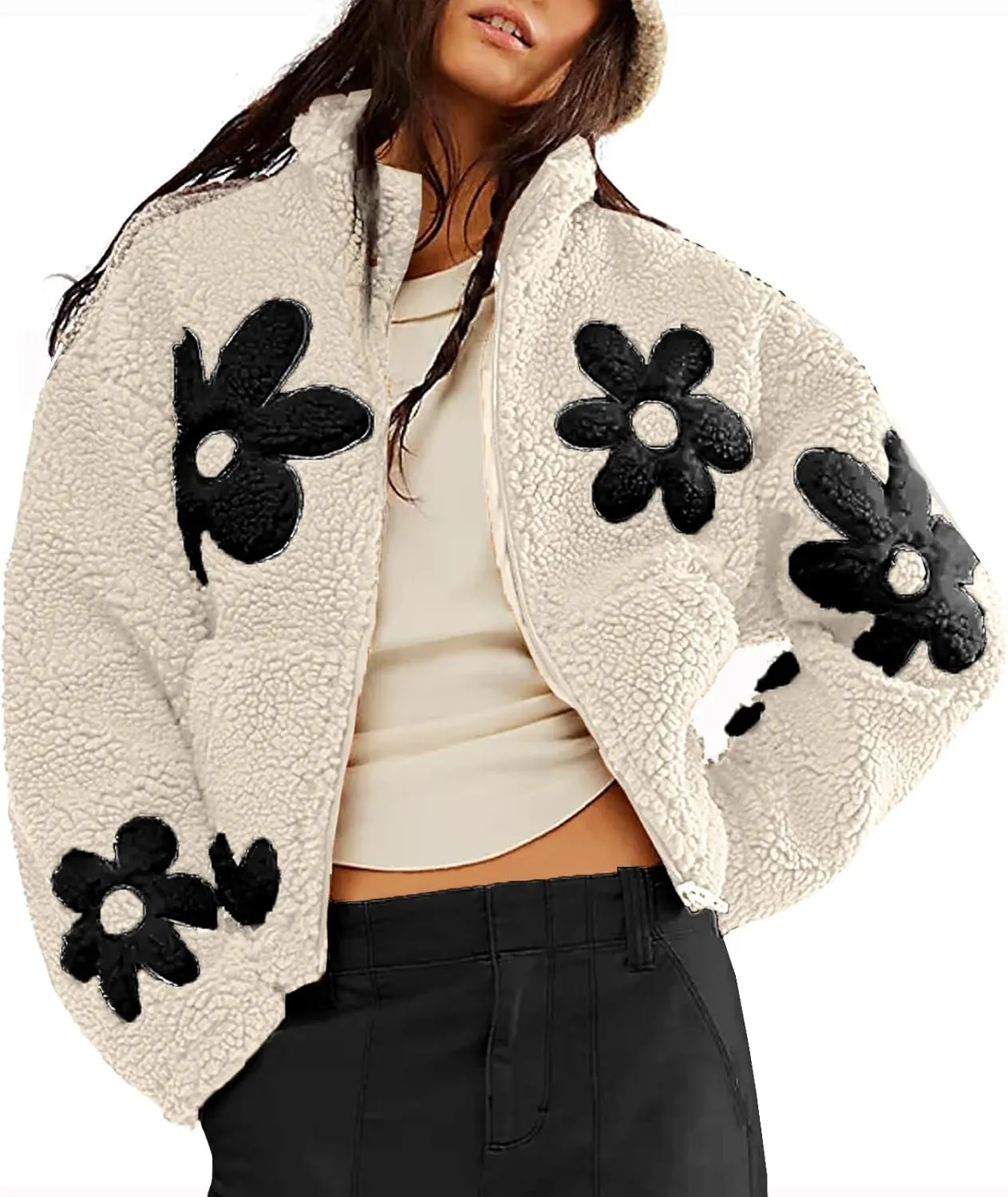 Maixang Womens Floral Print Sherpa Fleece Jackets Winter Zipper Cropped Coat Casual Long Sleeve Outwear with Pockets