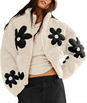 Maixang Womens Floral Print Sherpa Fleece Jackets Winter Zipper Cropped Coat Casual Long Sleeve Outwear with Pockets