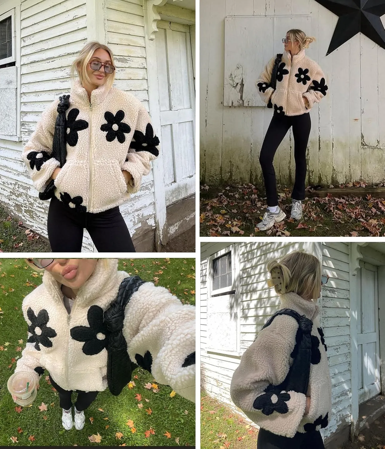 Maixang Womens Floral Print Sherpa Fleece Jackets Winter Zipper Cropped Coat Casual Long Sleeve Outwear with Pockets