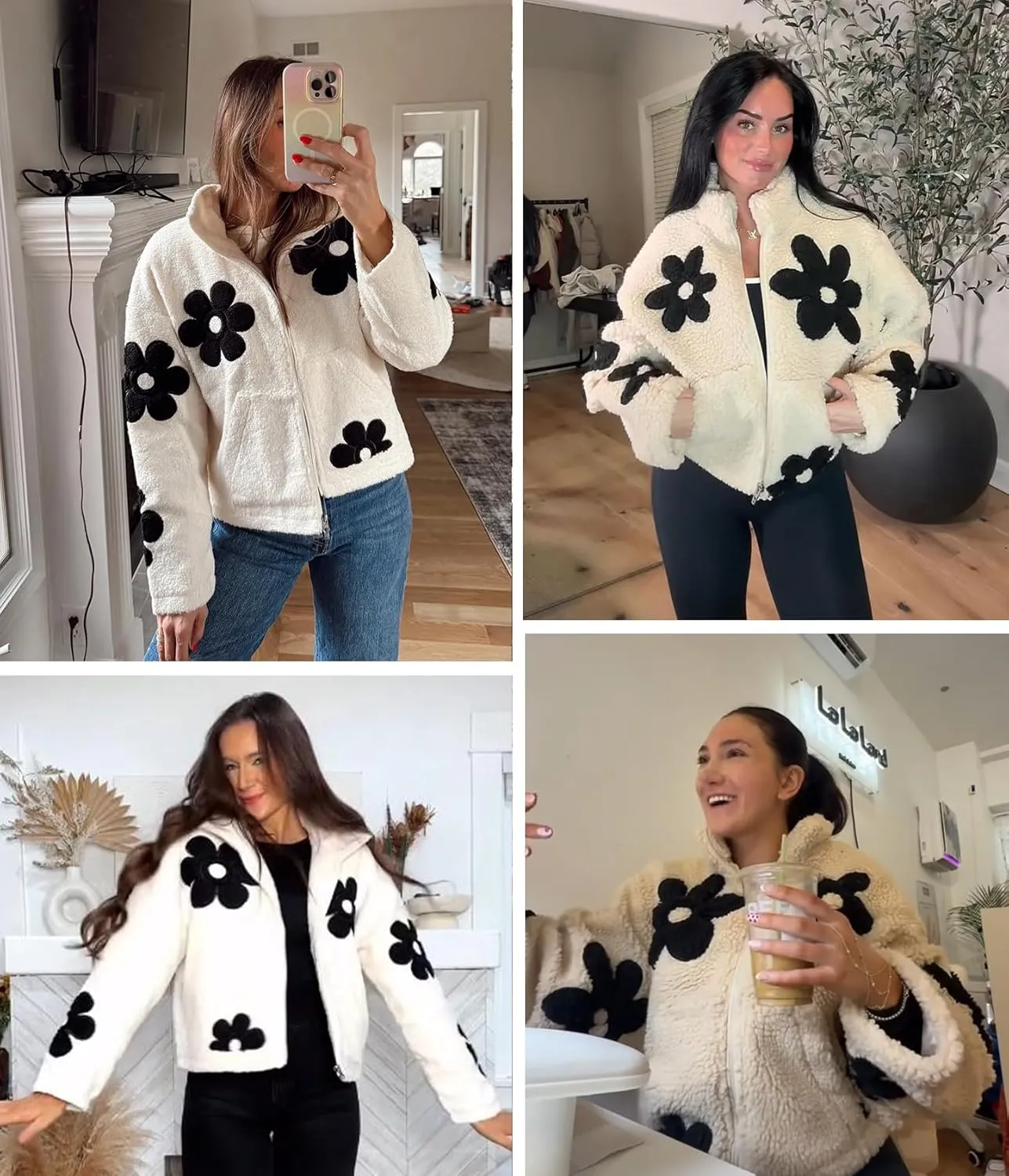 Maixang Womens Floral Print Sherpa Fleece Jackets Winter Zipper Cropped Coat Casual Long Sleeve Outwear with Pockets