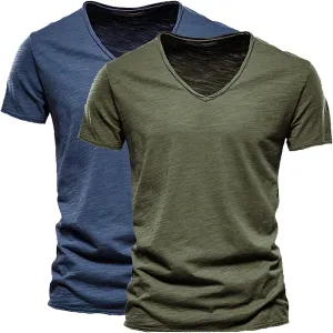 Mens 2 PC V-Neck T-Shirts Soft Cotton Moisture Wicking Short Sleeve Tops Workout Casual Slim Fit Muscle Sports Shirts