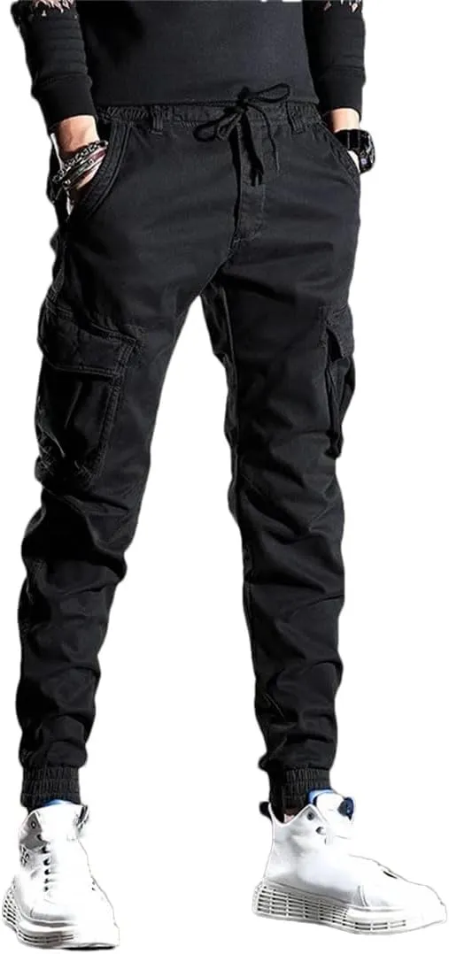 Men's Fleece Cargo Pants Drawstring Waist Full-Length Casual Streetwear Trousers with Pockets