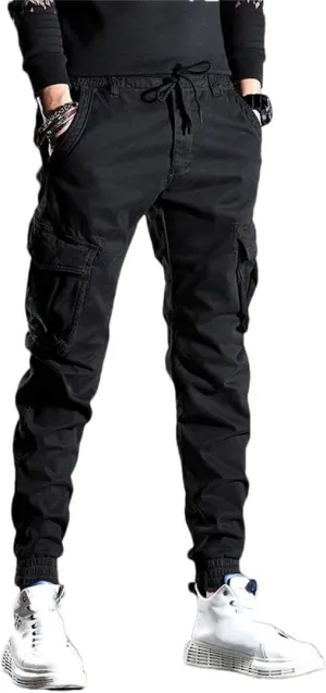 Men's Fleece Cargo Pants Drawstring Waist Full-Length Casual Streetwear Trousers with Pockets