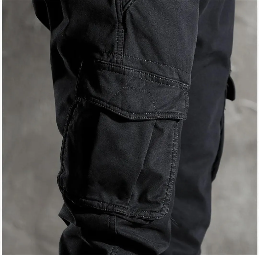 Men's Fleece Cargo Pants Drawstring Waist Full-Length Casual Streetwear Trousers with Pockets