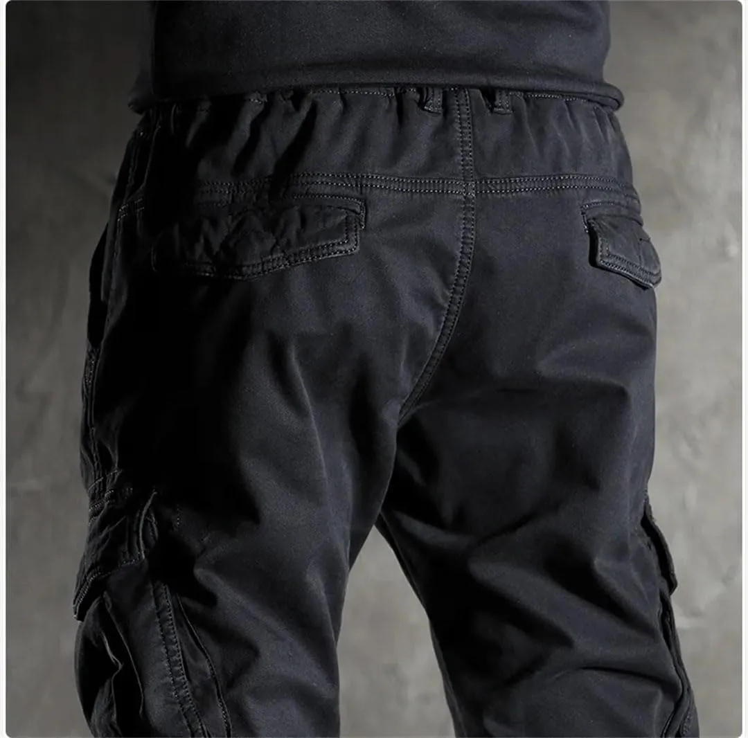 Men's Fleece Cargo Pants Drawstring Waist Full-Length Casual Streetwear Trousers with Pockets