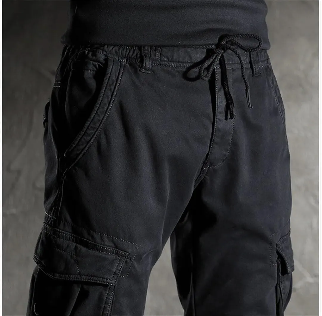 Men's Fleece Cargo Pants Drawstring Waist Full-Length Casual Streetwear Trousers with Pockets