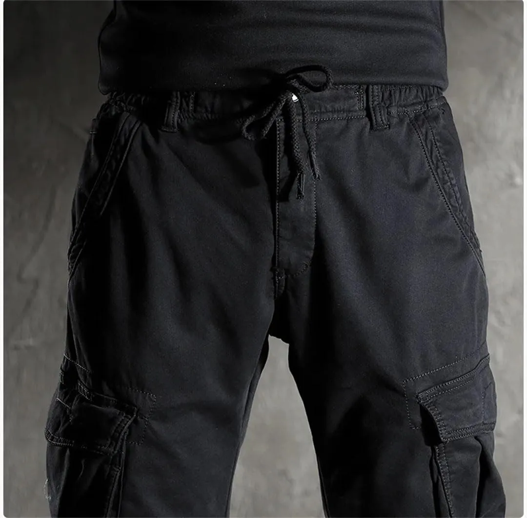 Men's Fleece Cargo Pants Drawstring Waist Full-Length Casual Streetwear Trousers with Pockets