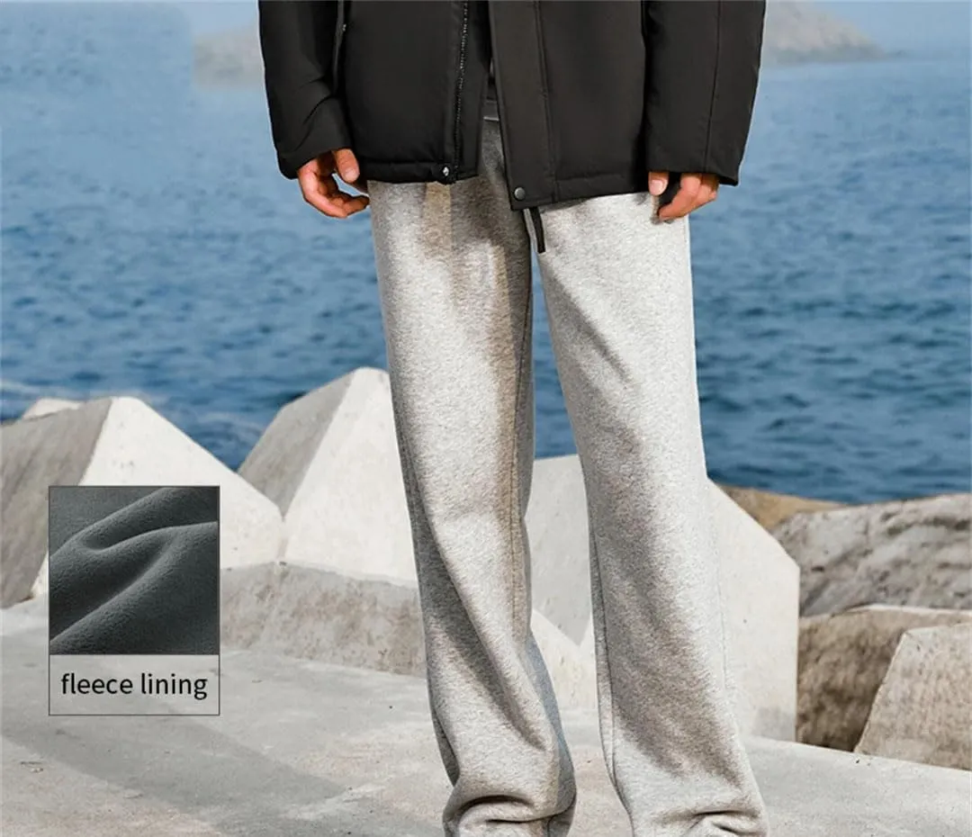 Men's Fleece Lined Thermal Straight Leg Pants Elastic Waist Loose Fit Casual Full Length Trousers